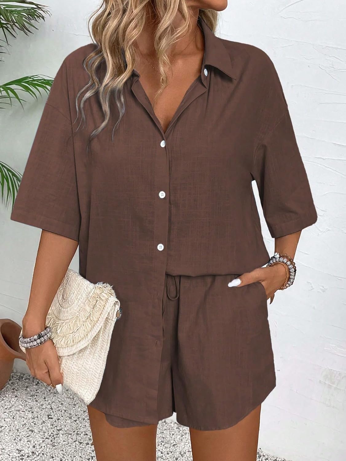 SOLY HUX Women's 2 Piece Summer Outfits Casual Button Down Half Sleeve Shirts and Shorts Set - Image 3