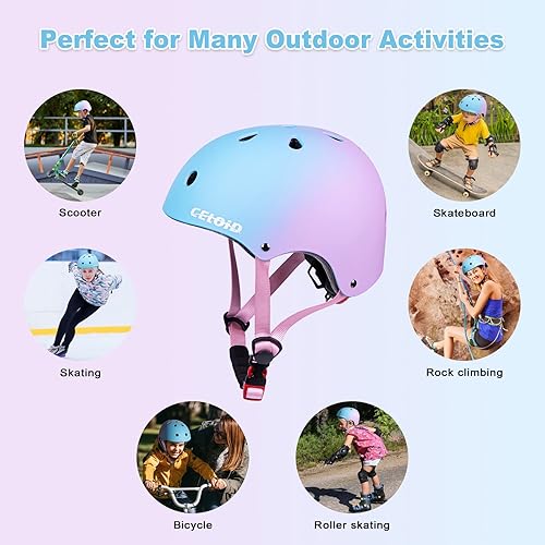 Miniatura 7 de CELOID Juego de almohadillas para casco de bicicleta, patinaje para niños, rodilleras y coderas, muñequeras para niños de 5-8-10-12-14-16 años para