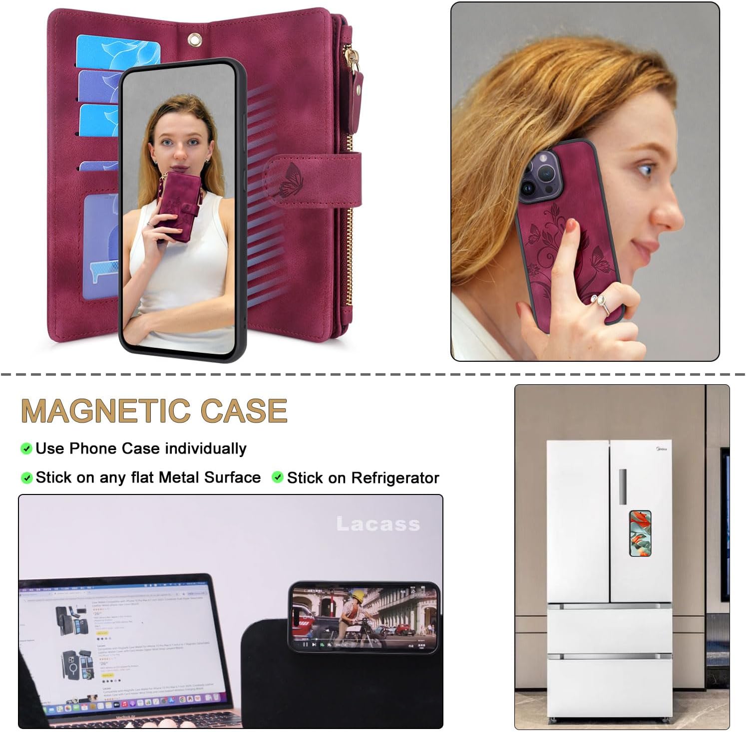 Lacass Compatible with iPhone 14 Pro Max 6.7 inch Case [ Card Slots] ID Credit Cash Holder Zipper Pocket Detachable Magnet Leather Wallet Cover with Wrist Strap Lanyard(Floral Wine Red) - Image 3