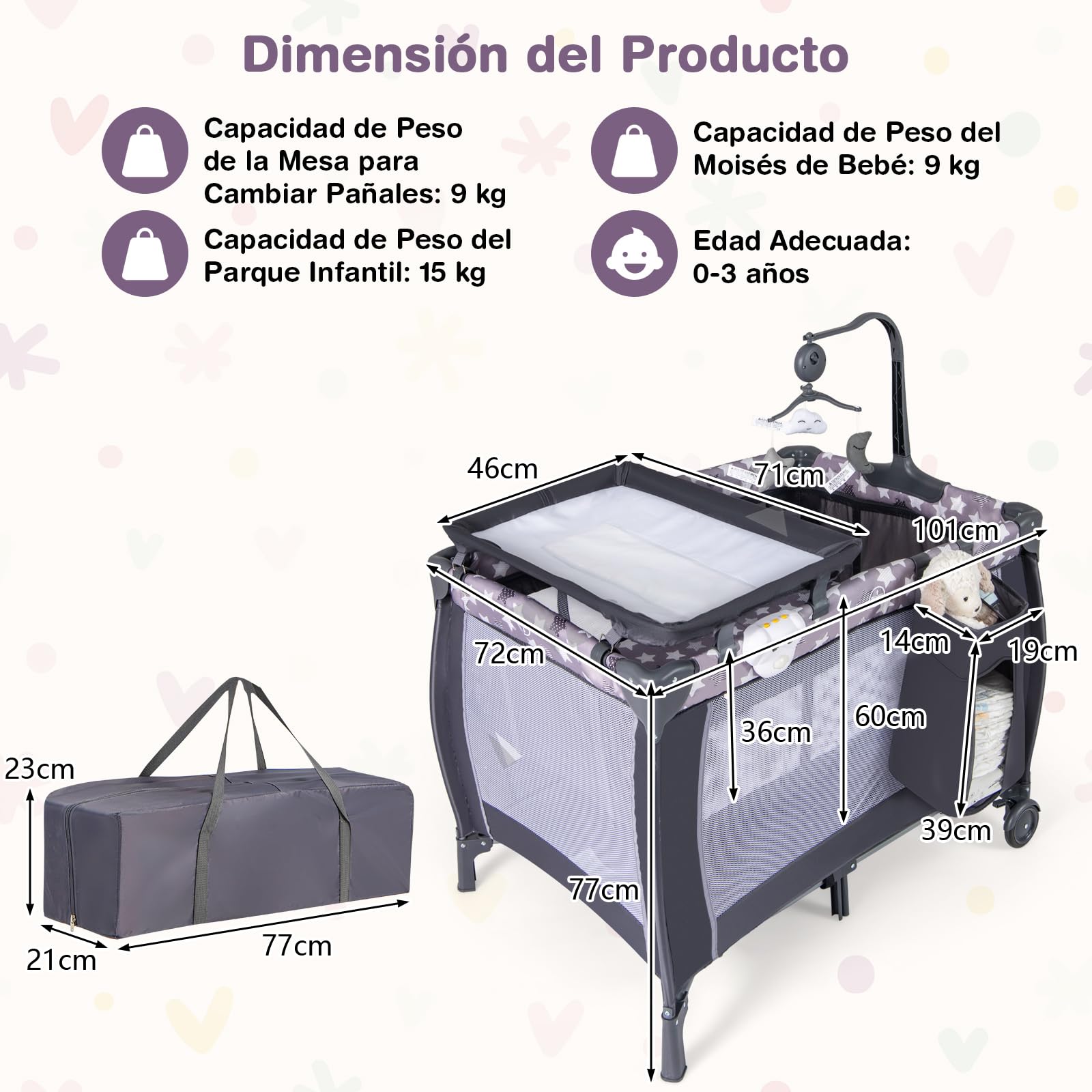 COSTWAY Cuna Bebe 3 en 1 con Cambiador de Pañales, Parque Infantil Portátil con Moisés Desmontable, Cuna de Viaje Plegable con Barra de Juguetes Giratoria, Colchón, Bolsa de Transporte (Natural)