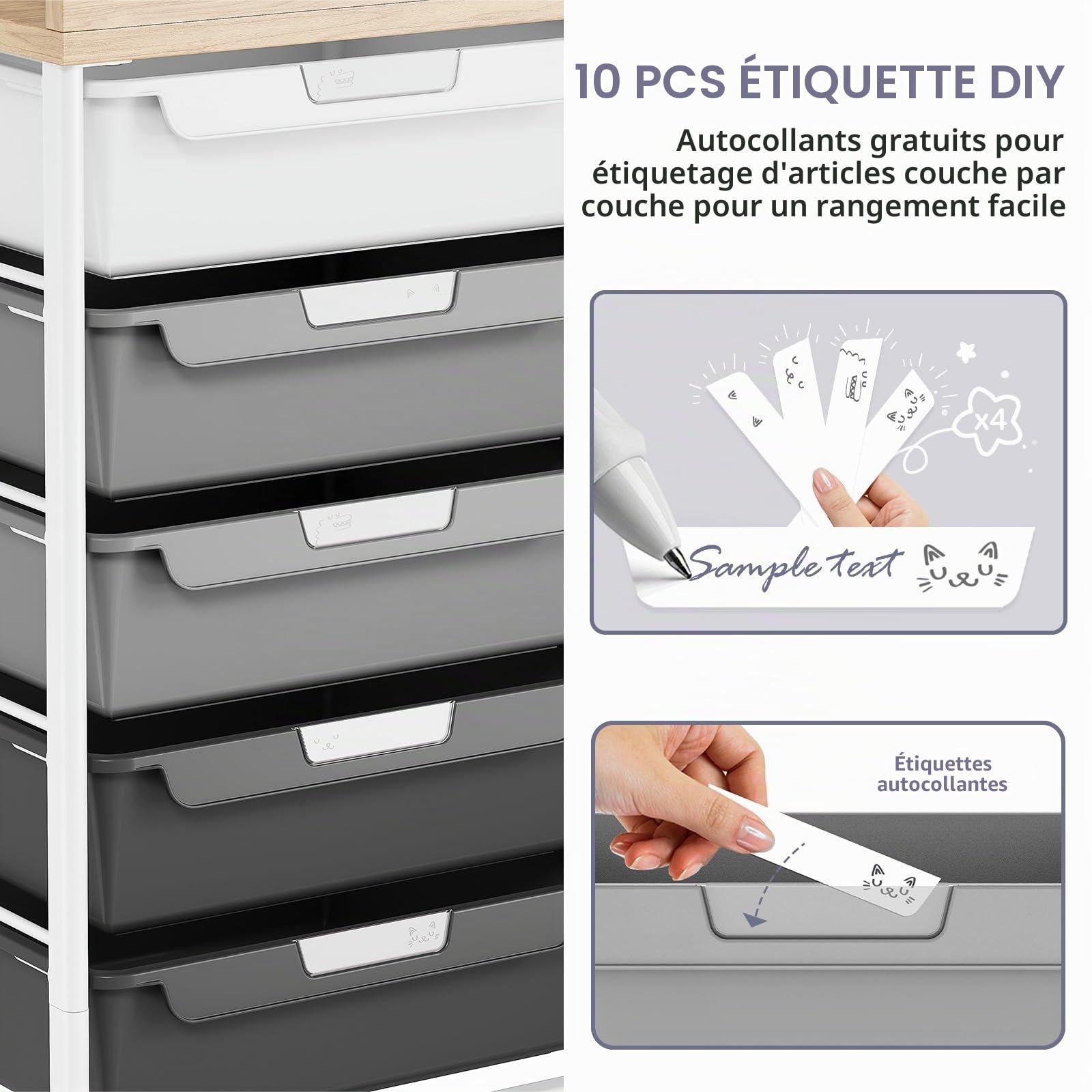 Meuble à roulettes en plastique avec 10 tiroirs, chariot à roulettes avec tiroirs, chariot de rangement pour salle de bain, cuisine, salon et chambre à coucher, Gris