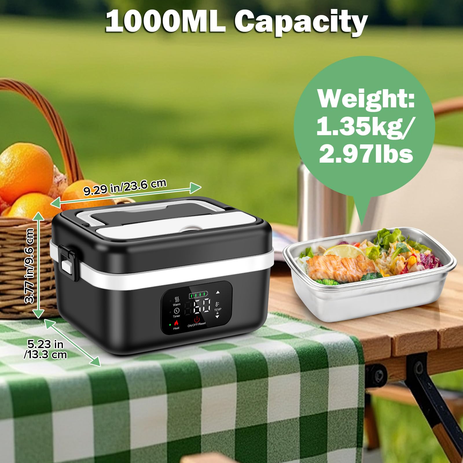 Fagalil Scatola da Pranzo Elettrica Senza Fili, 1L Scatola da Pranzo Riscaldata a Batteria per Adulti Portatile in Acciaio Inossidabile Riscaldatore di Cibo con Stoviglie e Sacchetto Isolato