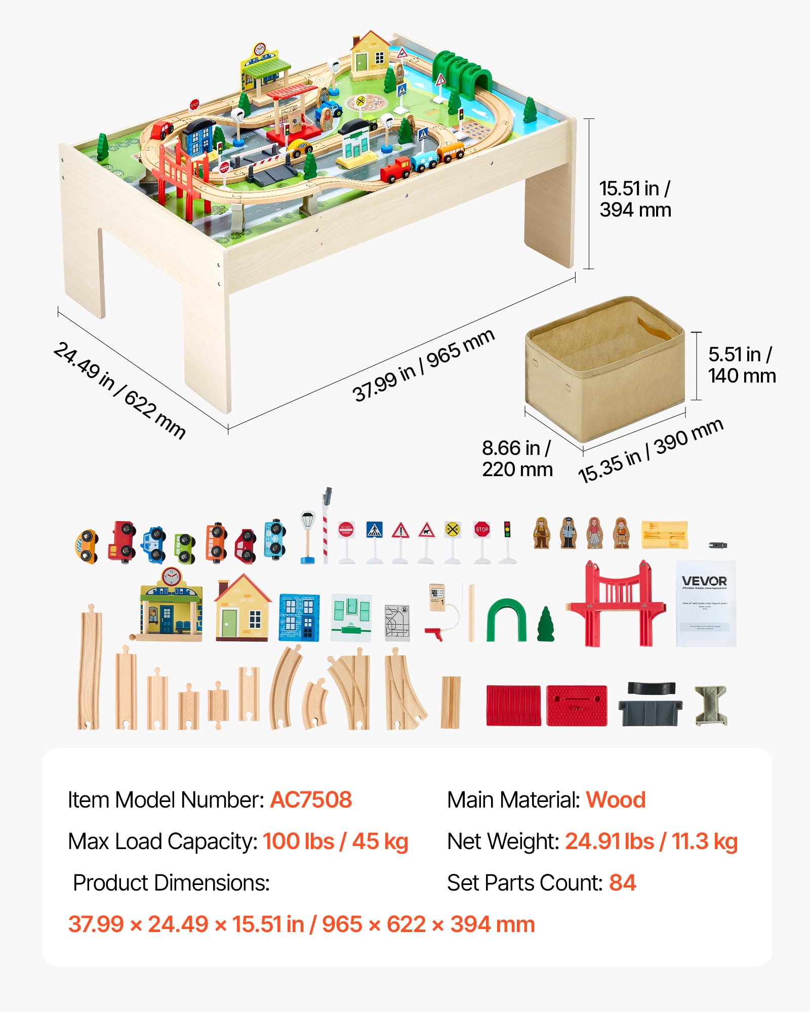 VEVOR Holz Aktivitätstisch, 84-teilig, mit zusammenklappbarem Aufbewahrungsbehälter, 3-in-1-Eisenbahnset zum Spielen, Malen, Lesen, Essen, kreatives Spielzeugset für Kinder ab 3 Jahren