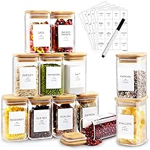 AISIPRIN Spice Jars with Bamboo Lids,Glass Spice Jar with Labels,12 Pcs 9oz Large Empty Spice Containers Set,Seasoning Containers Organizer for Kitchen Storage- Marker and 114 Labels Included