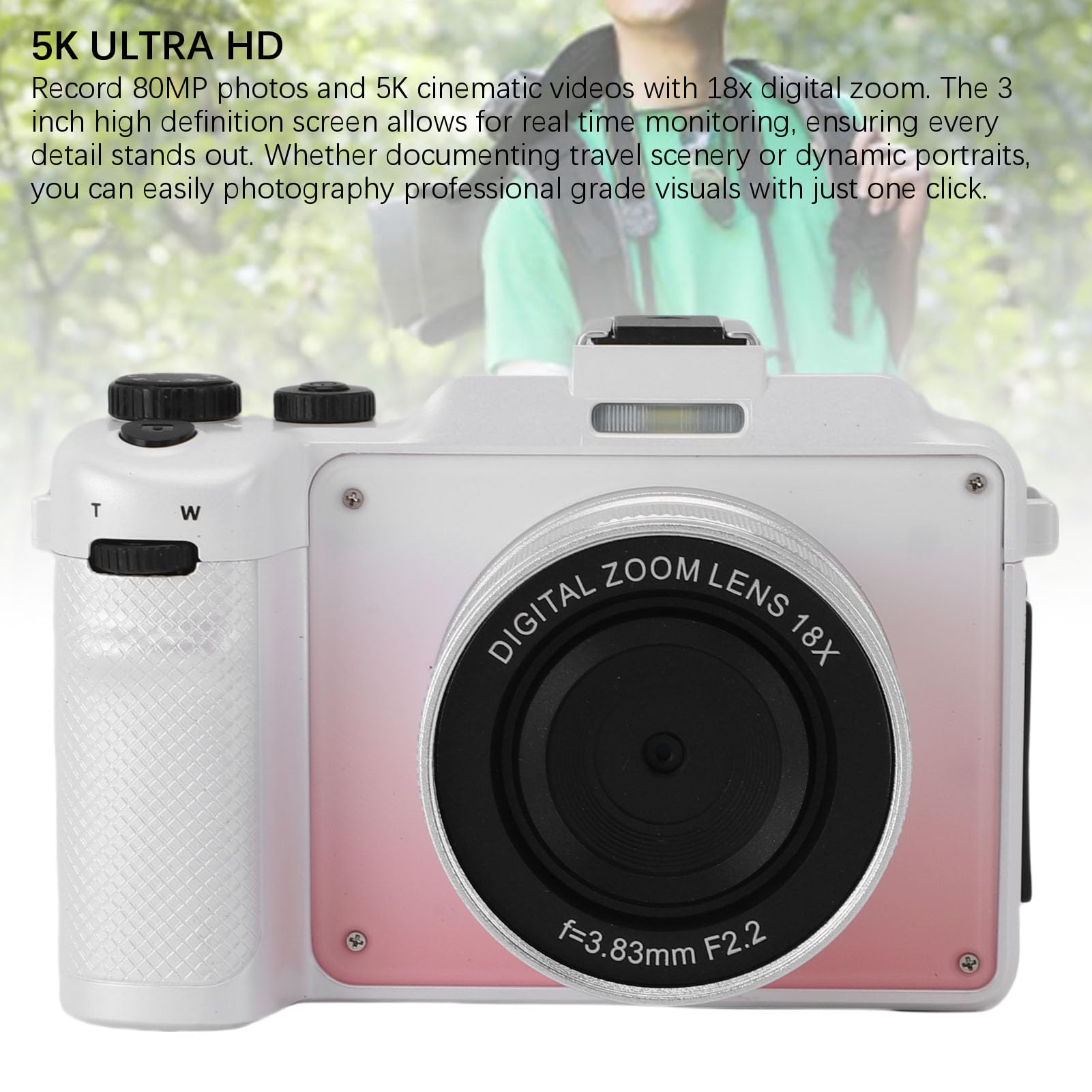 CCYLEZ Kamera Cyfrowa 5K do Fotografii, 80MP Travel Vlogging Camery, Wi -Fi 18X Zoom Retro Camera, Auto Focus Vintage Aparaty z 3 -calowym Ekranem, z Paskiem Ręcznym (gradientowy różowy)
