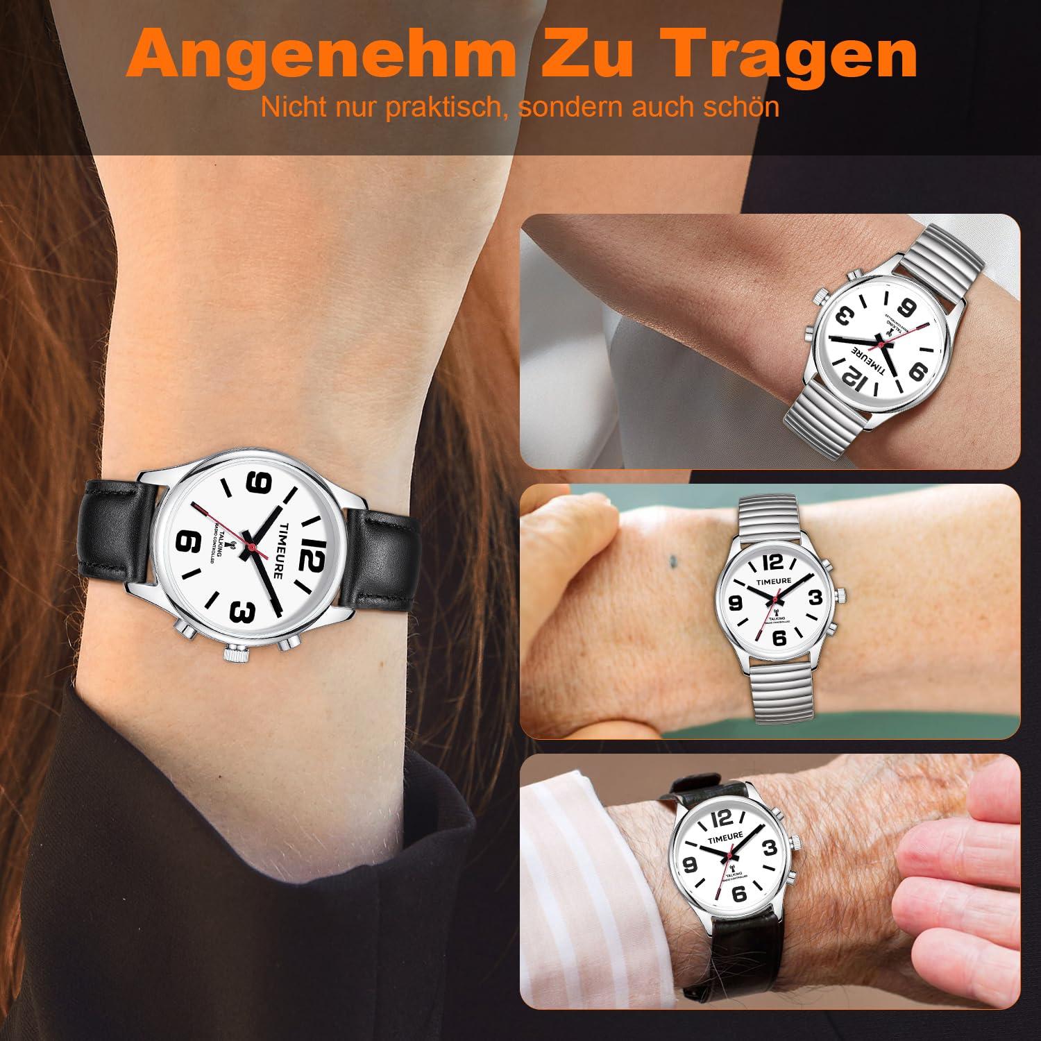 TIMEURE-2309L Sprechende Funkarmbanduhr mit Analoganzeige | Sprachansage von Uhrzeit und Datum. Automatische Zeiteinstellung. Alarm und einstellbarer Stundenschlag.