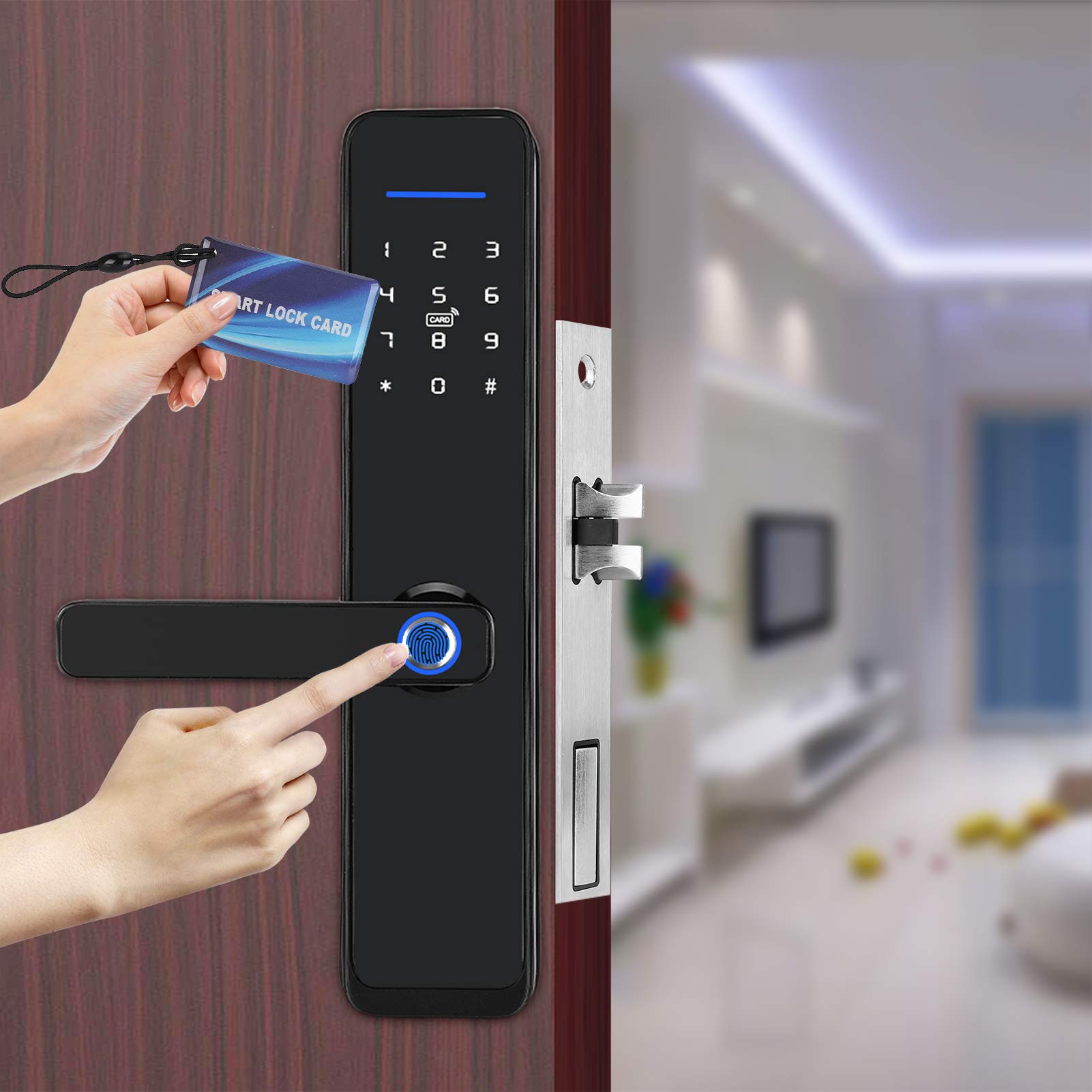 Cerradura de puerta inteligente Tarjeta de huella digital Llaves de contraseña Desbloqueo Seguridad impermeable Cerradura antirrobo Manija electrónica Wifi con panel táctil retroiluminado para Tuya