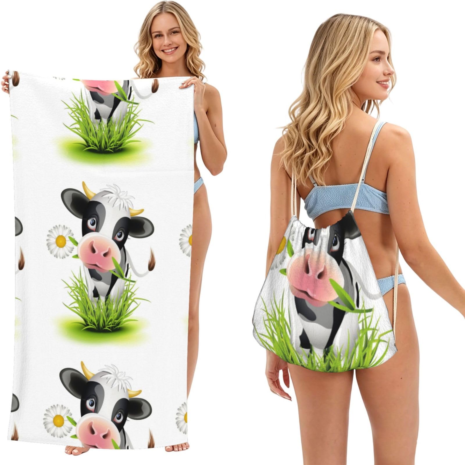 Poadnly As Picture Cute Cow, 2 In 1 Packable Towel Bag, Beach Towels With Drawstring Backpack For Travel Holiday Camping