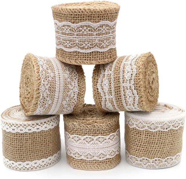 Lace Ribbon,6 Pcs Burlap Ribbon, 12M Jute Burlap Craft Ribbon Roll 5CM Wide with White Lace for DIY Handmade Wedding Crafts Lace Linen(2Meters for each)