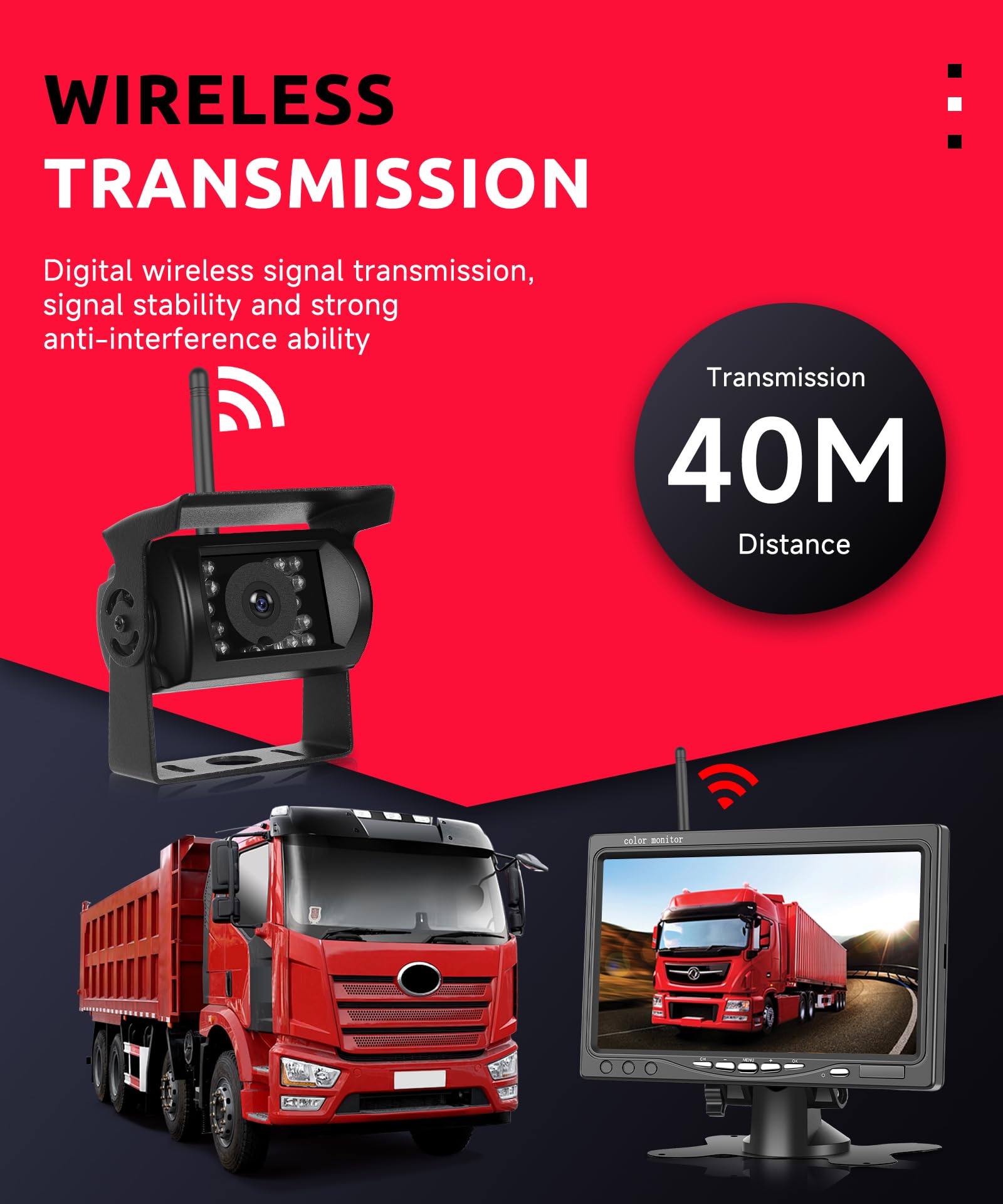 Inalámbrica Cámara de Marcha Atrás Kit con 7 Pulgadas Monitor, Cámara Trasera Visión Nocturna, IP68 Impermeable, BSD, Imagen Flip, Asistencia Inversa, para Camión/Bus/SUV/Remolque/Camper/Caravana