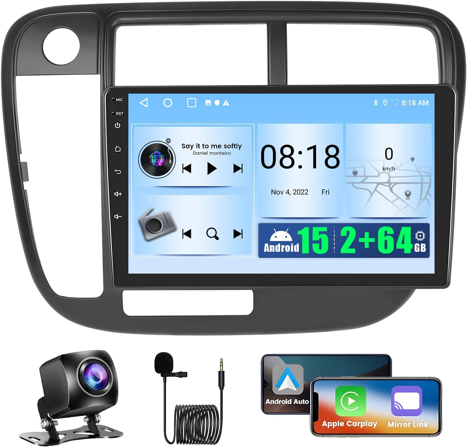 2+64GB Realdio Android 15 Car Radio for Honda Civic 1996 1997 1998 1999 2000 2001 Wireless CarPlay Android Auto, 9" Screen for Civic Stereo with GPS WiFi Bluetooth FM/RDS EQ Backup Camera 2+64G for 1996-2001
