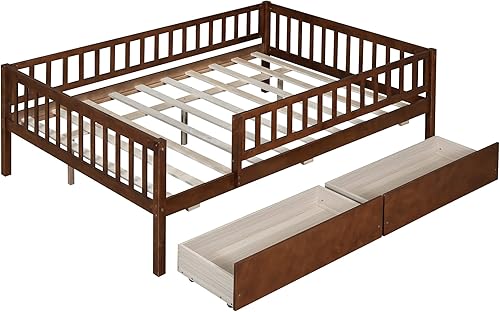 Miniatura 34 de Sofá cama matrimonial con nido de tamaño individual, marco de cama de madera para niños con valla, cama nido para niñas, niños, cama de plataforma