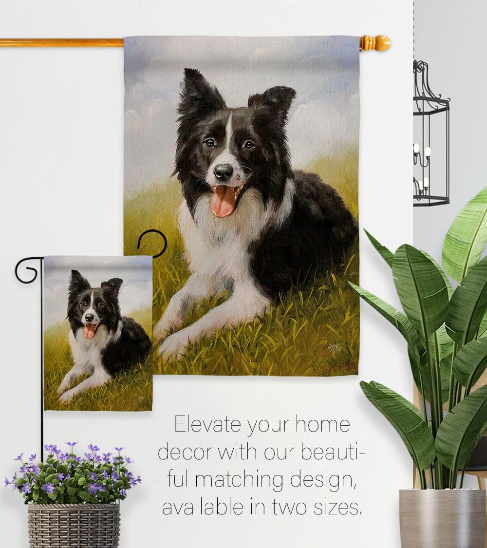 Breeze Decor Border Collie Garden Flag Set with Stand Dog Puppy Spoiled Paw Canine Fur Pet Nature Farm Animal Creature House Decoration Banner Small Yard Gift Double-Sided, Made in USA