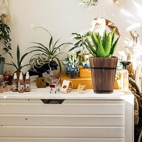 Miniatura 9 de GANAZONO Jardineras de madera con barril para jardín, macetas creativas rústicas para whisky con mango de hierro para plantas, tamaño L