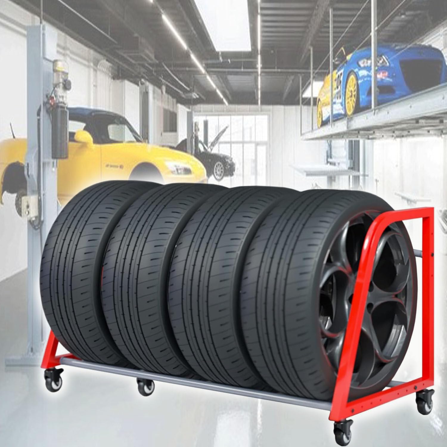 Scaffale Porta-Pneumatici Da Pavimento, Scaffale Porta-Pneumatici Rosso, Scaffale Porta-Pneumatici Con Ruote, Espositore Porta-Pneumatici Da Parete