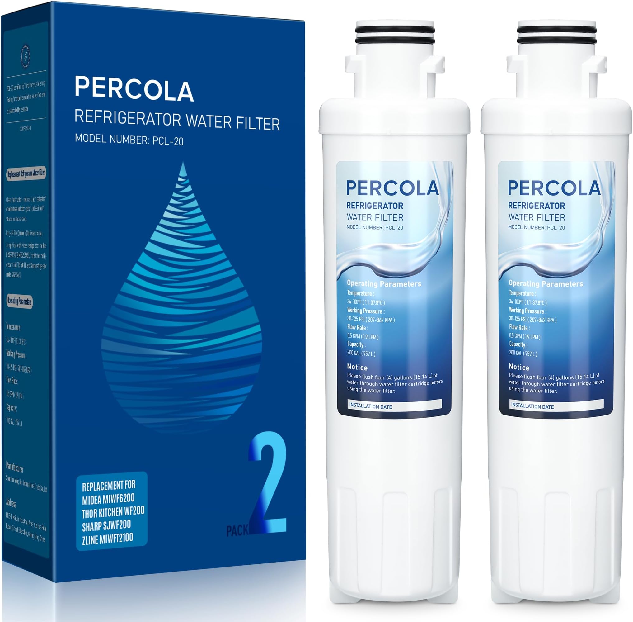 MIWF6200 Water Filter, Compatible with Sharp® SJWF200, SJG2254FS, Thor Kitchen® WF200, Zline® MIWFT2100, Midea® MRS26D5AST, MF-2008-R2, Zline® RFM-W-36 Refrigerator Models (2 Pack)