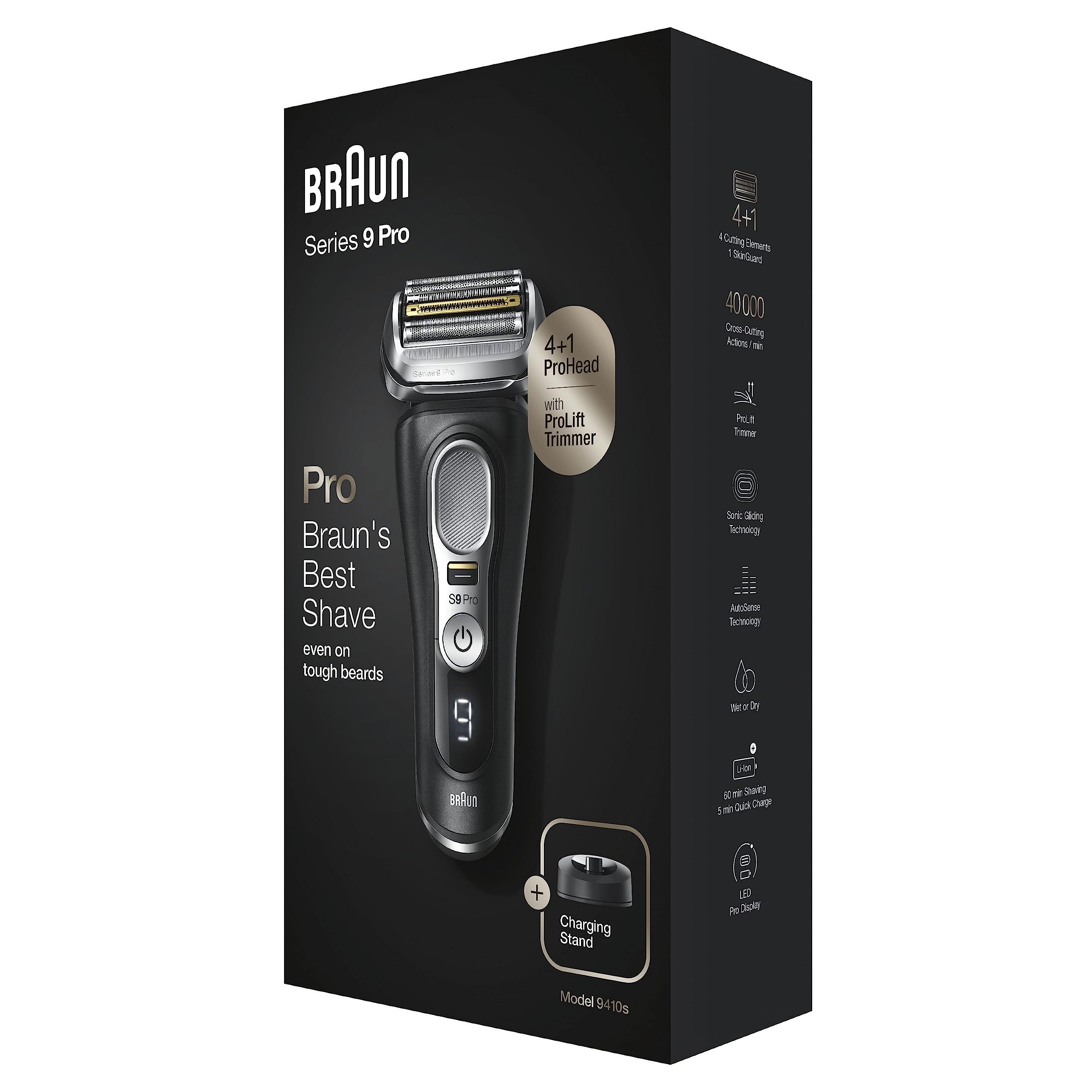 Braun Series 9 Pro, Regolabarba Uomo, Rasoio Elettrico Barba, Rifinitore di precisione, Custodia da Viaggio, Con Lame Flessibili, Impermeabile, Batteria Litio Ion, Idea Regalo, 9410s Nero