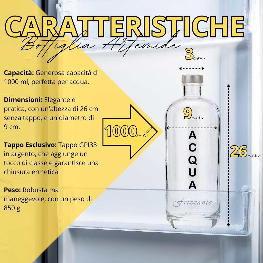 Set di 4 Bottiglie in Vetro Modello ARTEMIDE, 1 Litro, Serigrafia 4 Frizzante, Tappo a Vite colore Argento | Bottiglia Vetro Acqua