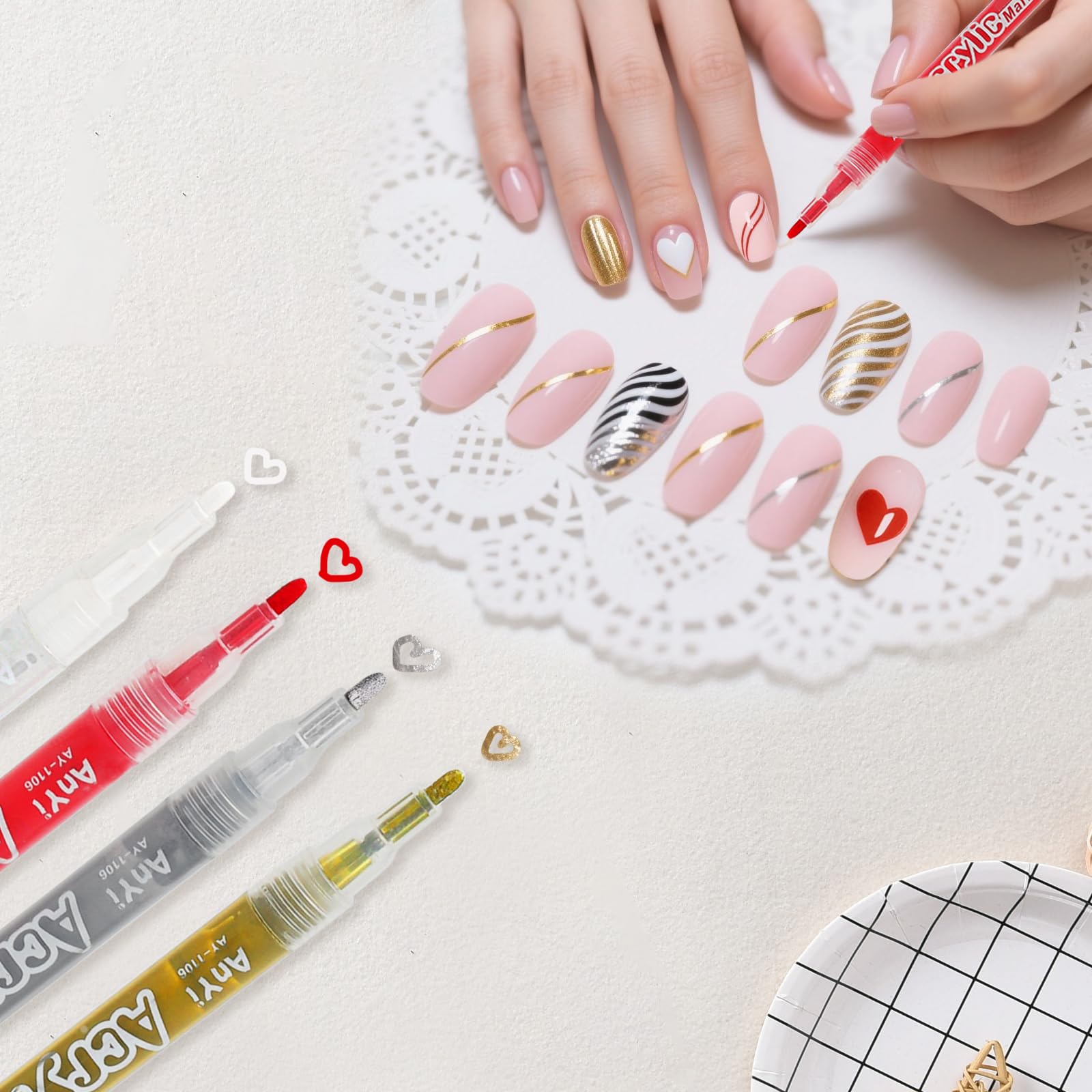 Set Penne Nail Art 4 Colori, Bianco Oro Argento Rosso Penna 3D per French Nails Design Preciso Asciugatura Rapida per Manicure Fai-da-te e Professionale Graffiti nail art bellezza manicure strumenti