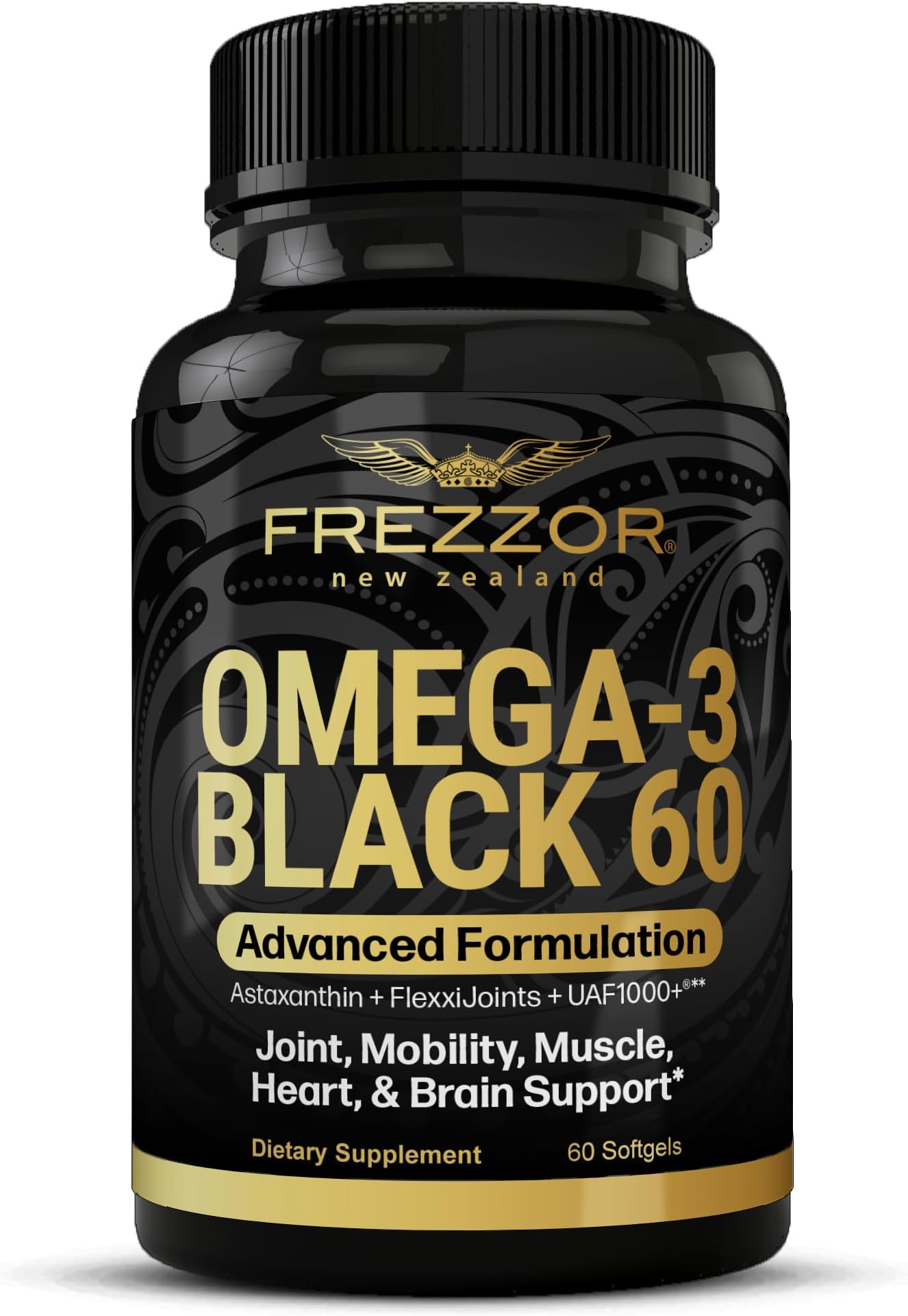 FREZZOR Omega 3 Black for Joint Care & Comfort - New Zealand Green Lipped Mussel Oil Capsules; 53x Higher Potency with UAF1000+ Super Antioxidant, No Fishy Aftertaste, 1-Pack, 60 Softgels