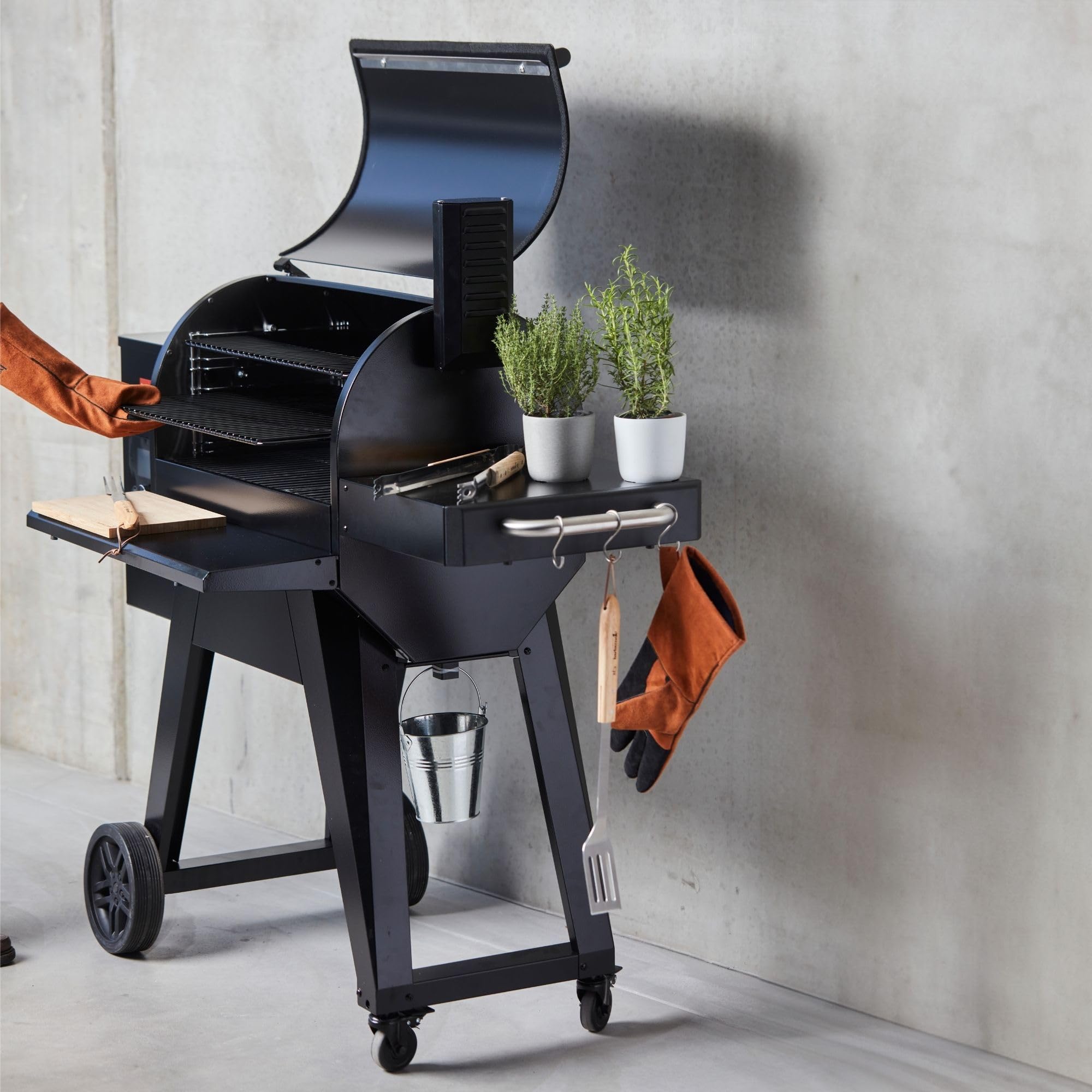 Barbecook Barbecue à pellets Arthur, Gril à pellets avec 3 grilles réglables, 75°C-260°C, en émail noir 126x72x130 cm