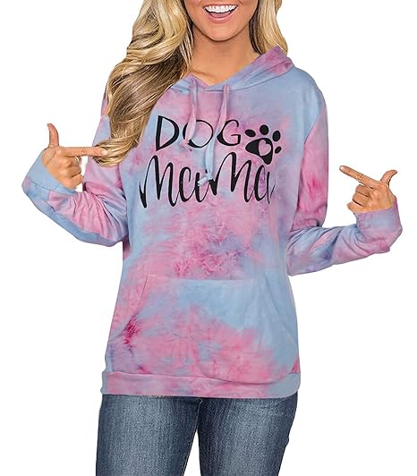 LOTUCY Dog Mom Shirt Women Funny Dog Mama Cute Pullover Hoodie Sweatshirt Dog Lover Tie-dye Gradient Rainbow Long Sleeve Tee