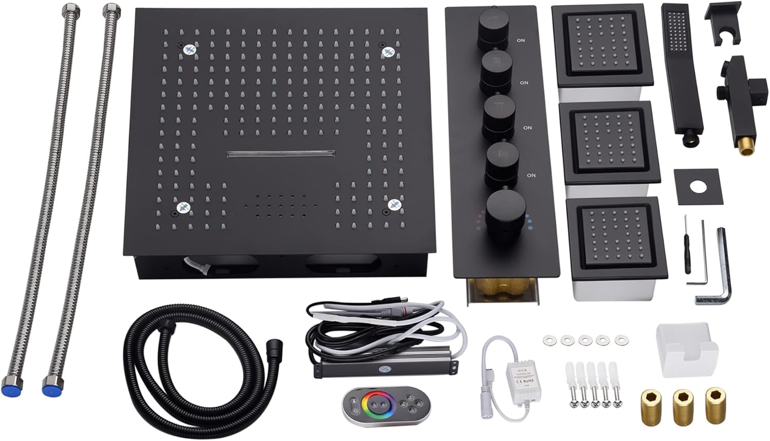 Cascada Luxury 16” Square LED Music shower system with built-in Bluetooth Speakers, 4 function (Rainfall, Waterfall, Body jet & Handshower) & Remote Control 64 Color Lights (Brushed Nickel)