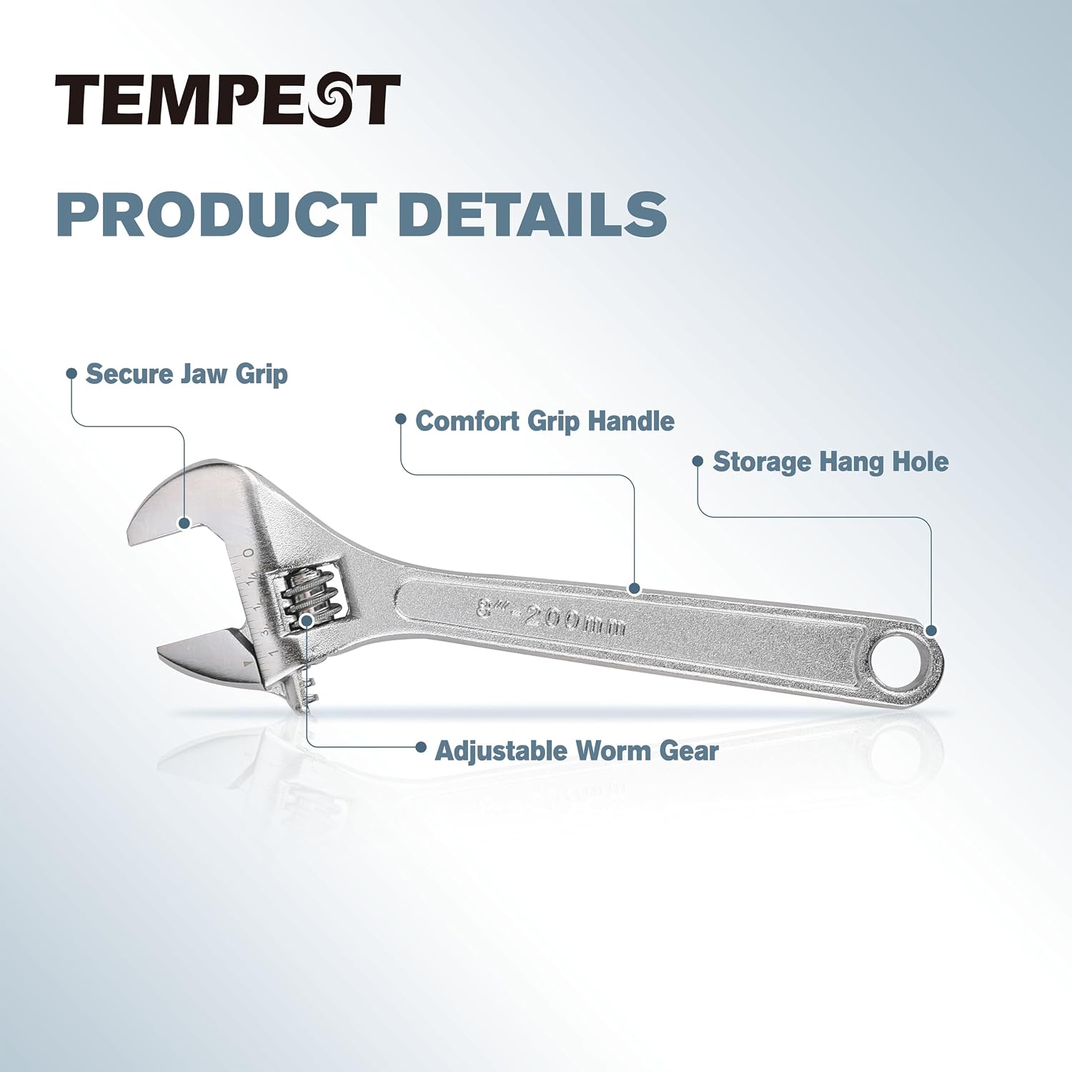Tempest 8 Inch Adjustable Wrench, Heavy Duty Carbon Steel with Deep-Engraved SAE & Metric Scales for Plumbing, Auto Repair & DIY