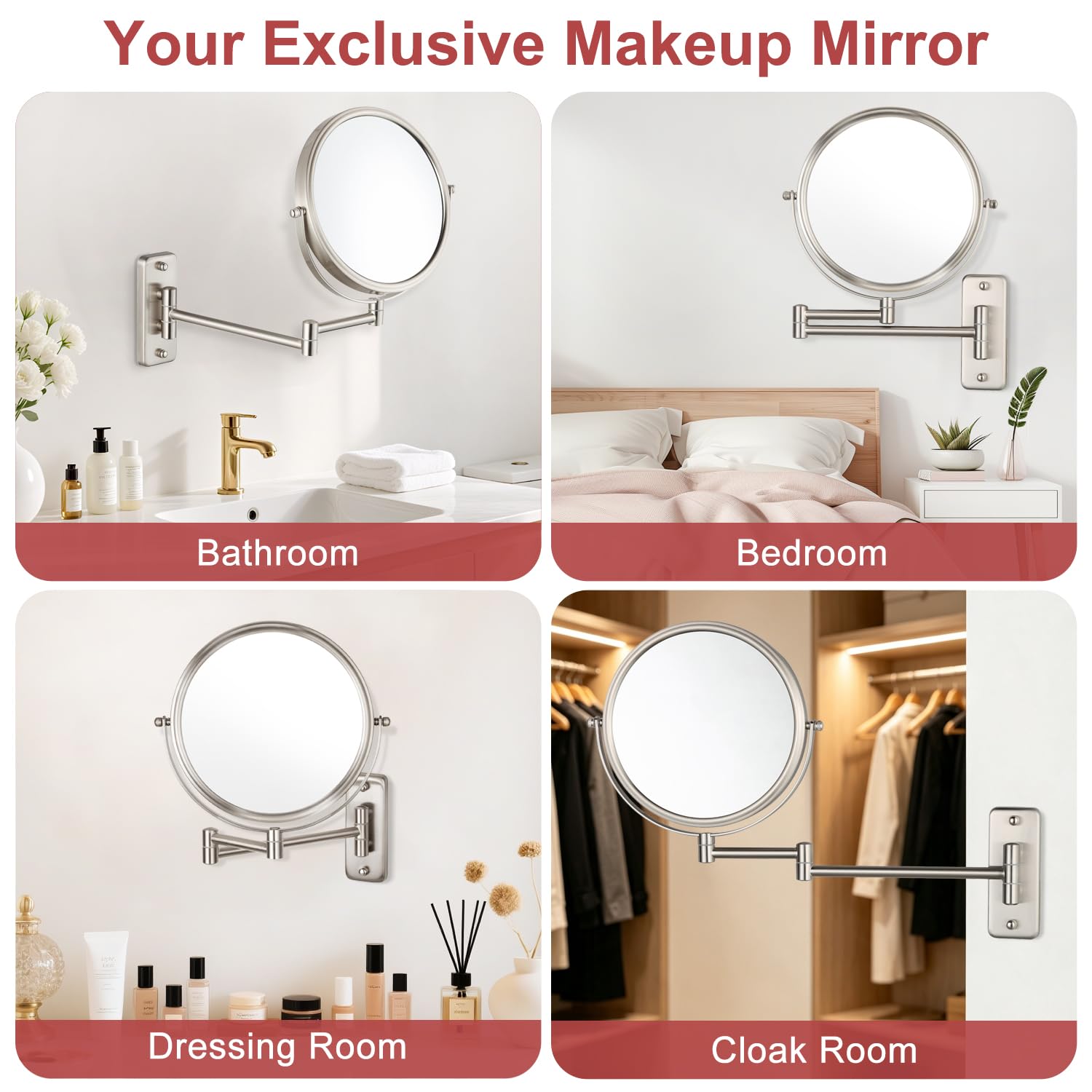 Espejo de maquillaje montado en la pared, espejo de doble cara de 1 y 5 aumentos, espejo de baño extensible de 20 cm para afeitarse, níquel