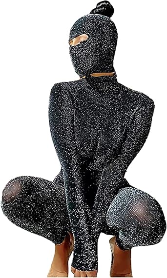Atyfuniby Womens Sexy Halloween Bodycon Jumpsuits See Through Sparkly Long Sleeve Backless One Piece Outfits Clubwear Black and Silver, X-Small