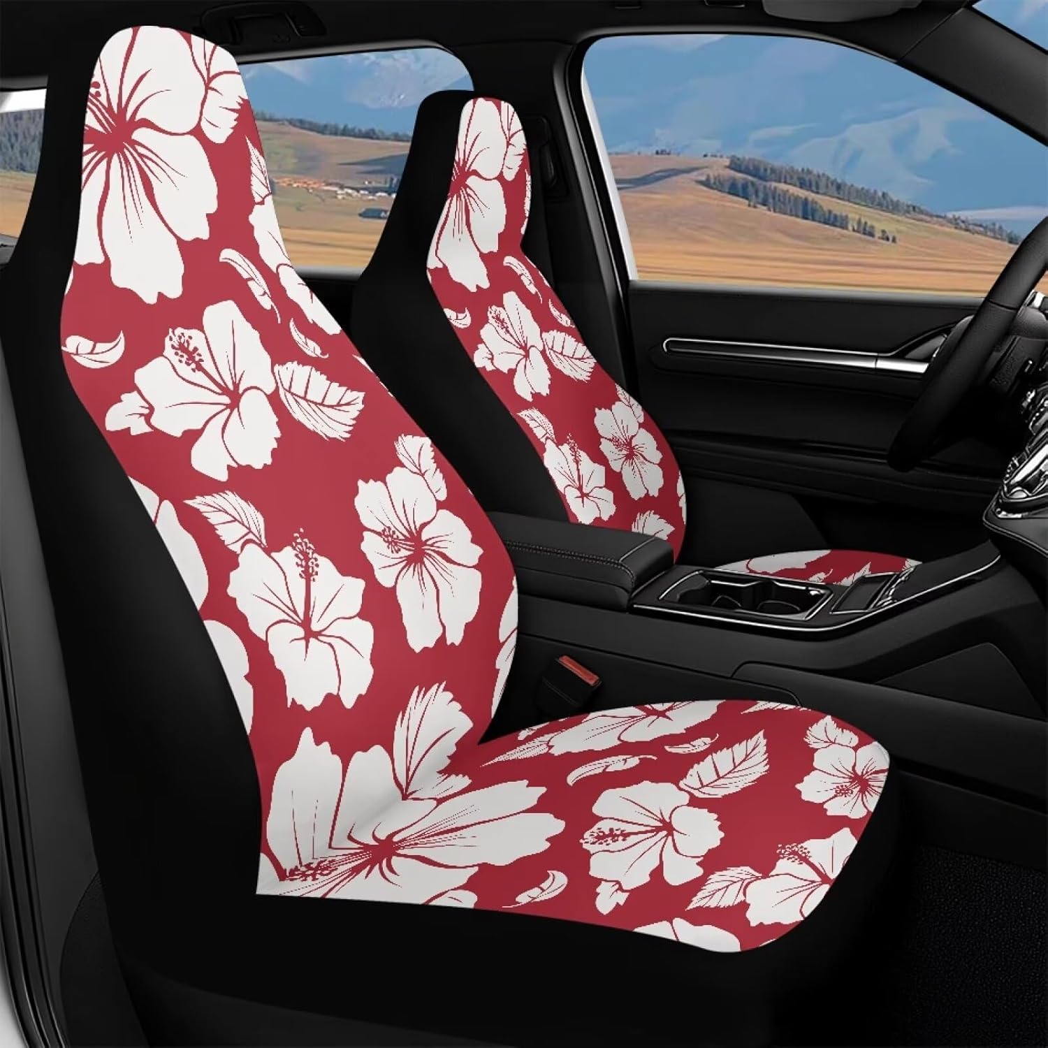 Dreaweet Tropical Car Seat Covers Front Seats Only for Women Red Hibiscus Flowers Car Accessories Interior Waterproof Seat Cover Washable Universal High Back Bucket Seat Covers for SUV Trucks Sedan