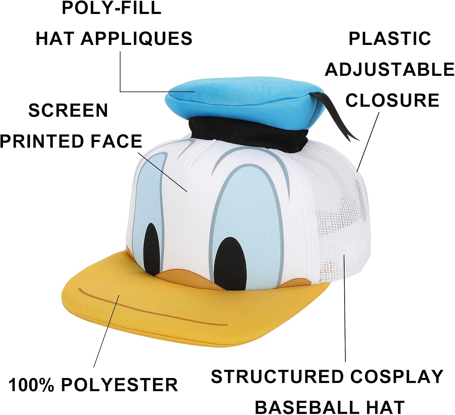 Disney Classic Characters Donald Duck Die Cut Bill and Hatt Applique Nylon and Mesh B5 Trucker Hat Snapback