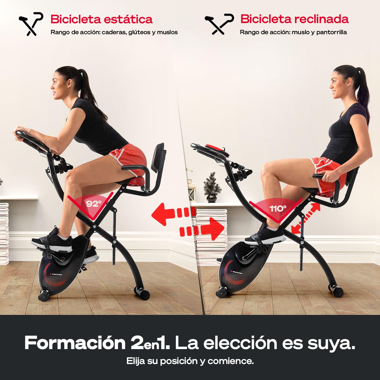 Sportstech Bicicleta estática 3 en 1 prémium con vídeo Events y aplicación multijugador | bicicleta con asiento cómodo y sensores de pulso de mano | ergómetro para casa plegable | Fitness Power Ropes | Entrenador doméstico X150 Bike