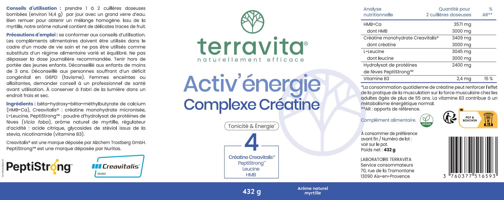 ACTIV’ENERGIE Complexe Créatine | 4 Actifs Brevetés | Force - Tonicité - Énergie | Dosages Cliniques | Efficacité Prouvée + 19,7% de Force Musculaire en 8 semaines | Fabriqué en France | Terravita