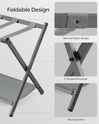 Miniatura 3 de SONGMICS Portaequipajes para habitación de invitados, juego de 2, soporte para maleta con estante de almacenamiento, marco de acero, plegables para
