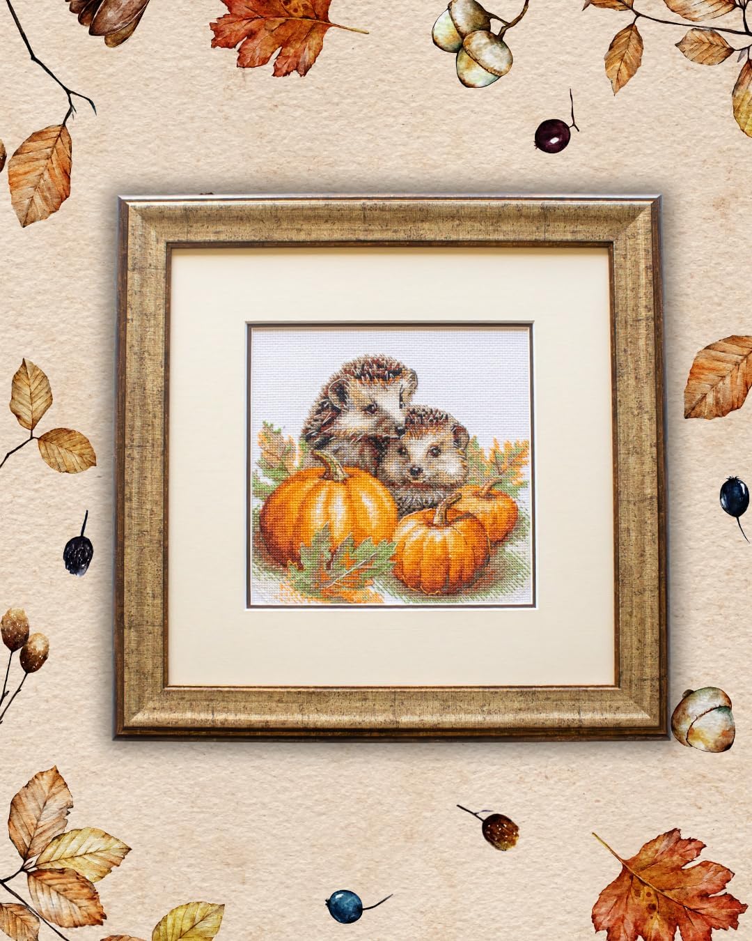 Aine - Hedgehogs in the Harvest A1021, Autumn Cross Stitch Kits 7¾"x7¾, Fall Cross Stitch Kits for Beginners & Advanced, Animals Crossstitching Kit Adult, Halloween Embroidery Counted Stitching Kit