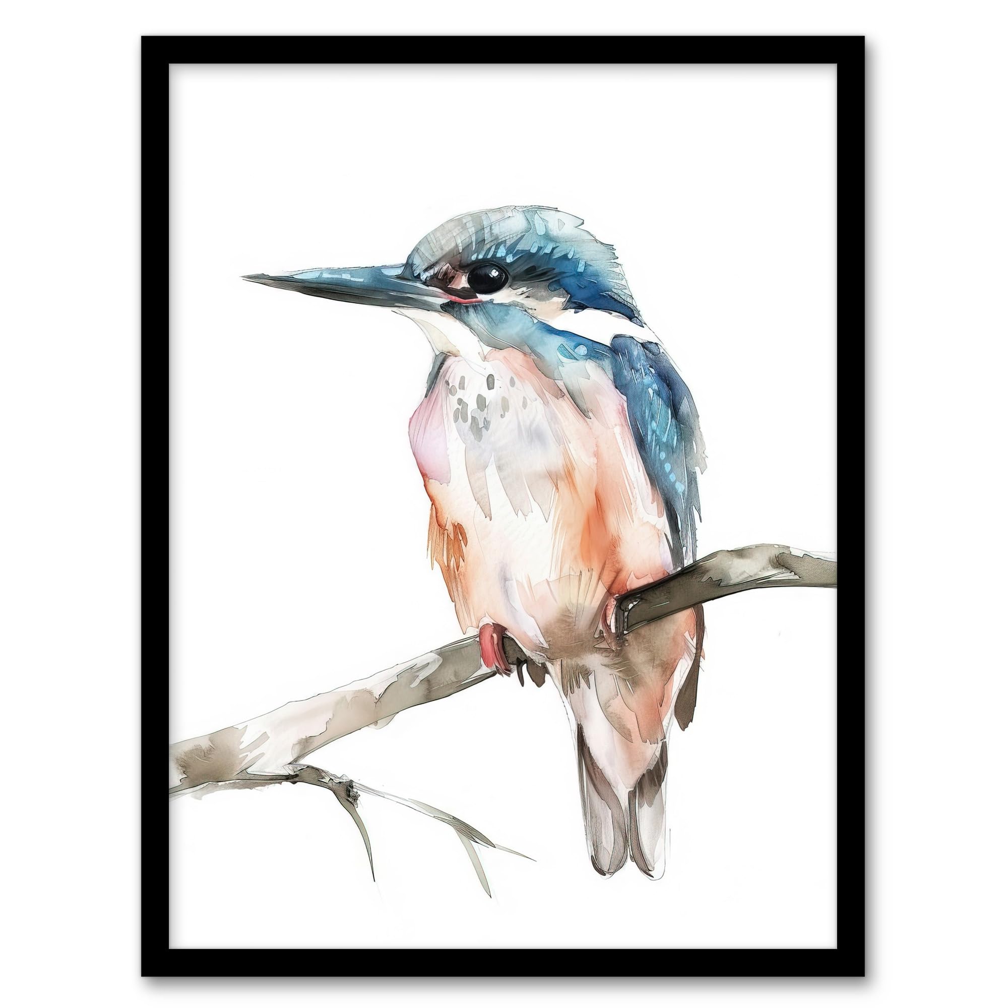 Artery8 Blue Kingfisher Bird Modern Watercolour Simple Living Room Artwork Framed Wall Art Print A4
