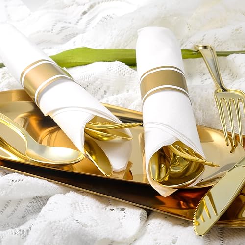 Vista 2 de Cubiertos de plástico dorado con servilletas, 100 paquetes de servilletas y cubiertos preenrollados, juego de cubiertos desechables envueltos
