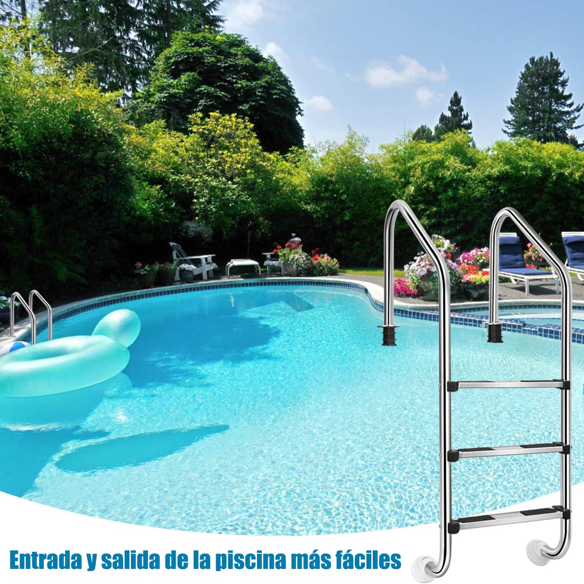 RELAX4LIFE Escalera de Piscina de Acero Inoxidable de 3 Peldaños con Pasamanos, Escalera de Entrada de Piscina con Almohadillas Antideslizantes, Carga 150 kg, 63x53x147cm (Plateado)