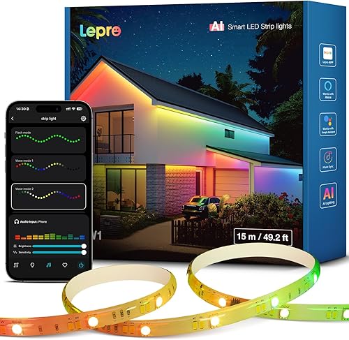 Miniatura 10 de Lepro SW1 AI - Tira de luces LED inteligentes para exteriores, tiras de luz RGBCW impermeables IP65 de 32.8 pies, 2700K-5700K blanco cálido