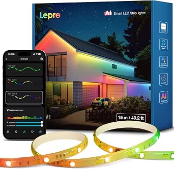 Lepro SW1 AI RGBICWW Indoor Outdoor LED Strip Lights, Waterproof, Work with Alexa and Google Assistant, Personalized AI Lighting Designer, Music Sync for Eave, Balcony, Pool, 49ft