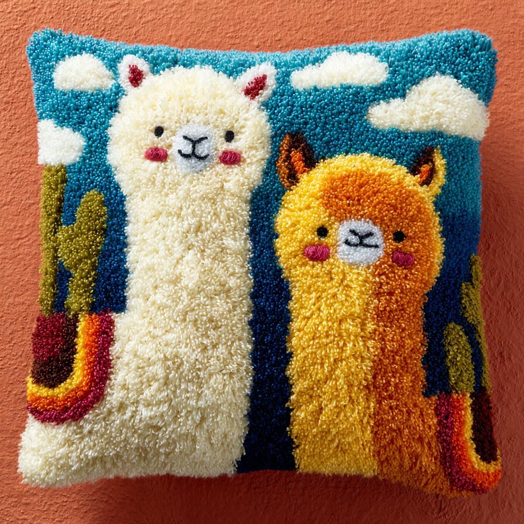 AMBATTERY DIY Latch Hook Cushion Kit Animal Dog Printed Pillowcase Crochet Yarns Hooking Handmade Pillow Cover Cushion Latch Hook Embroidery Kit 17x17inch