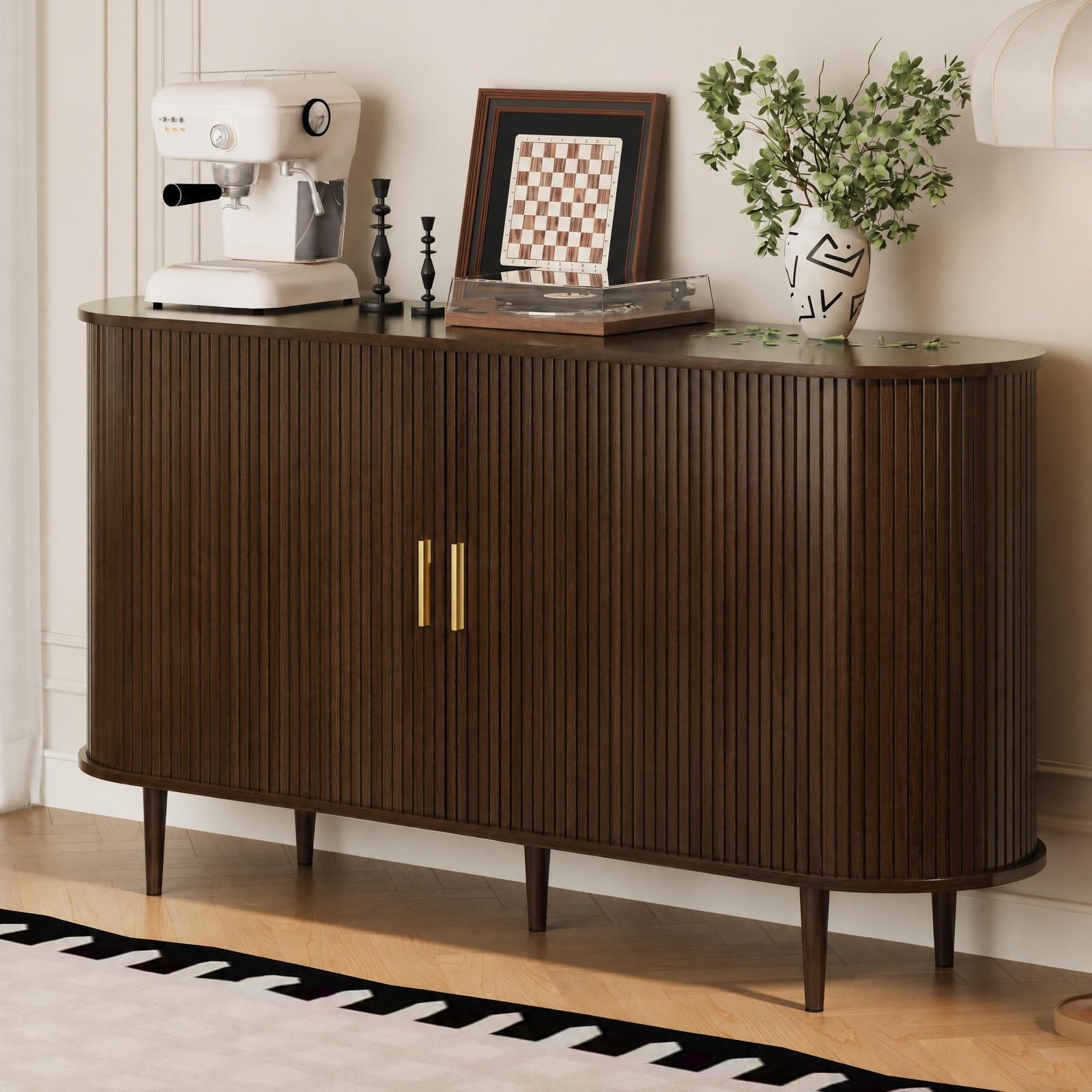 DHH Sideboard Buffet Cabinet with Storage,Mid Century Modern Fluted Accent Coffee Bar Console Table,Tambour Sliding Doors&amp; Adjustable Shelf for Kitchen, Living Room, Entryway(Walnut,55 Inch)