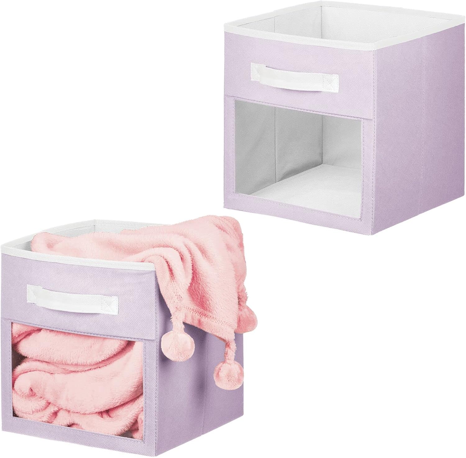 mDesign Fabric Nursery/Playroom Closet Storage Organizer Bin Box with Front Handle/Window for Cube Furniture Shelving Unit, Hold Toys, Clothes, Diapers, Bibs, Jane Collection, 2 Pack, Lt. Purple/White