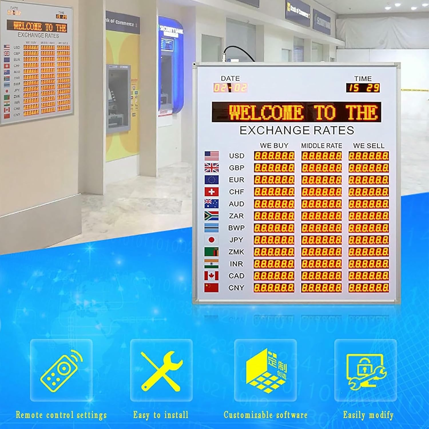 LED Exchange Rate Display, Foreign Exchange Price Exchange Rate Screen, Automatic Time Update and Power-Off Memory Function, Used in Banks and Financial Institutions