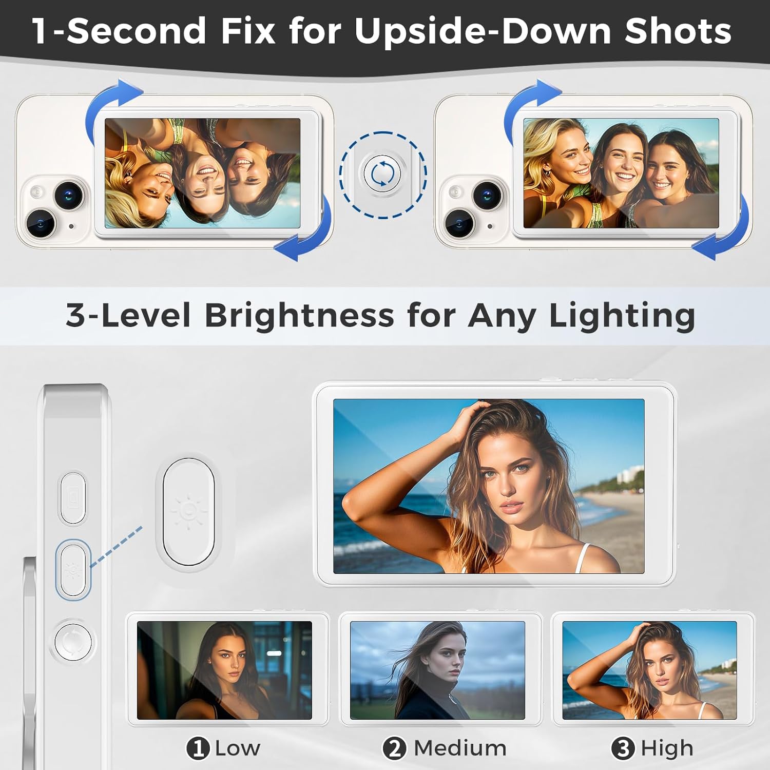 Wireless Selfie Monitor Screen for iPhone & Android，1800mAh with Bluetooth Remote, 3-Level Brightness & Wide Screen Mode, Using Phone Rear Camera for Selfie Vlog No Delay Live Stream for TikTok White