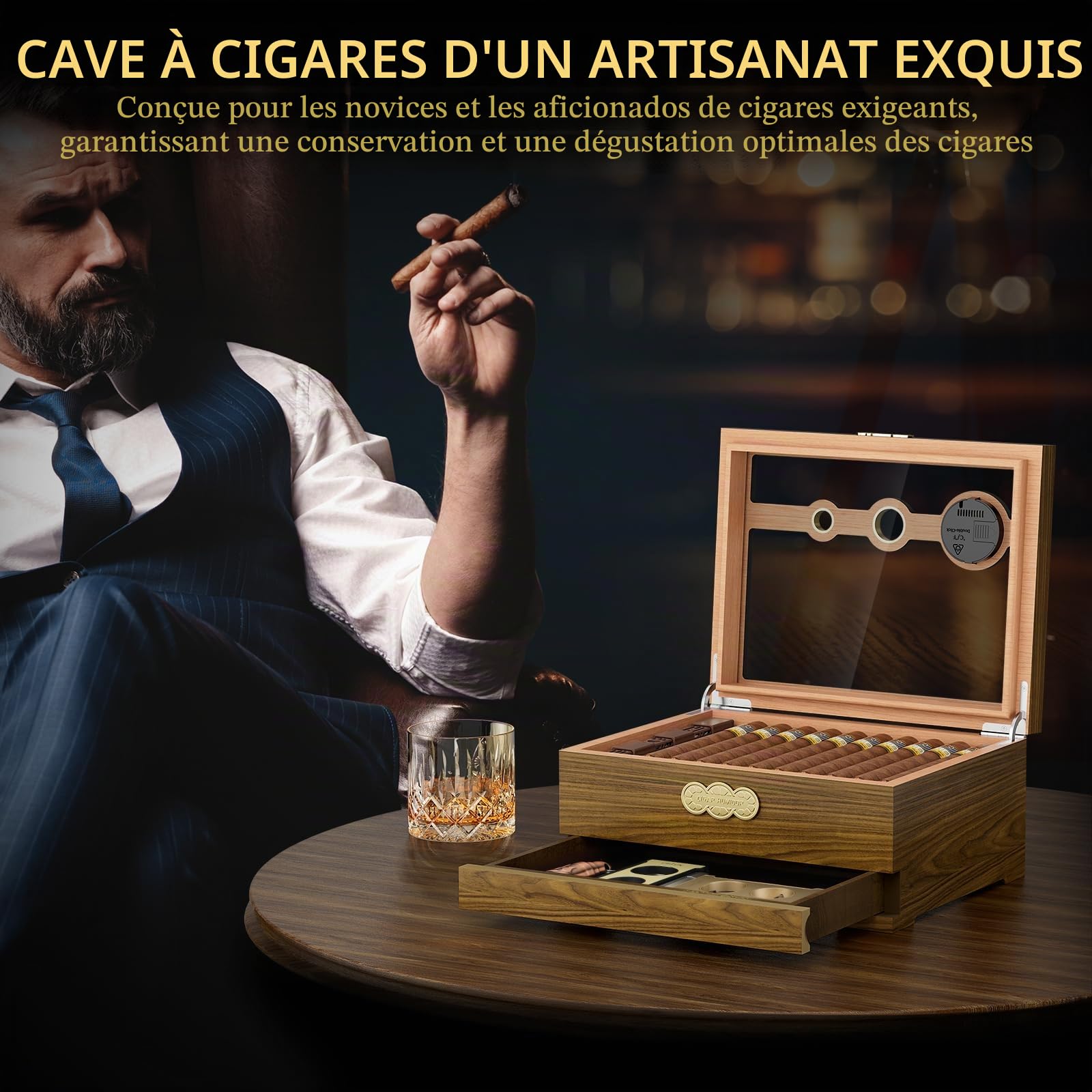 LIHTUN Cave à cigare, étui à cigares de bureau avec hygromètre numérique, humidificateur, tiroir d'accessoires de cigare, tiroir et échelle de mesure, boîte à cigares pour homme (Ch-2)
