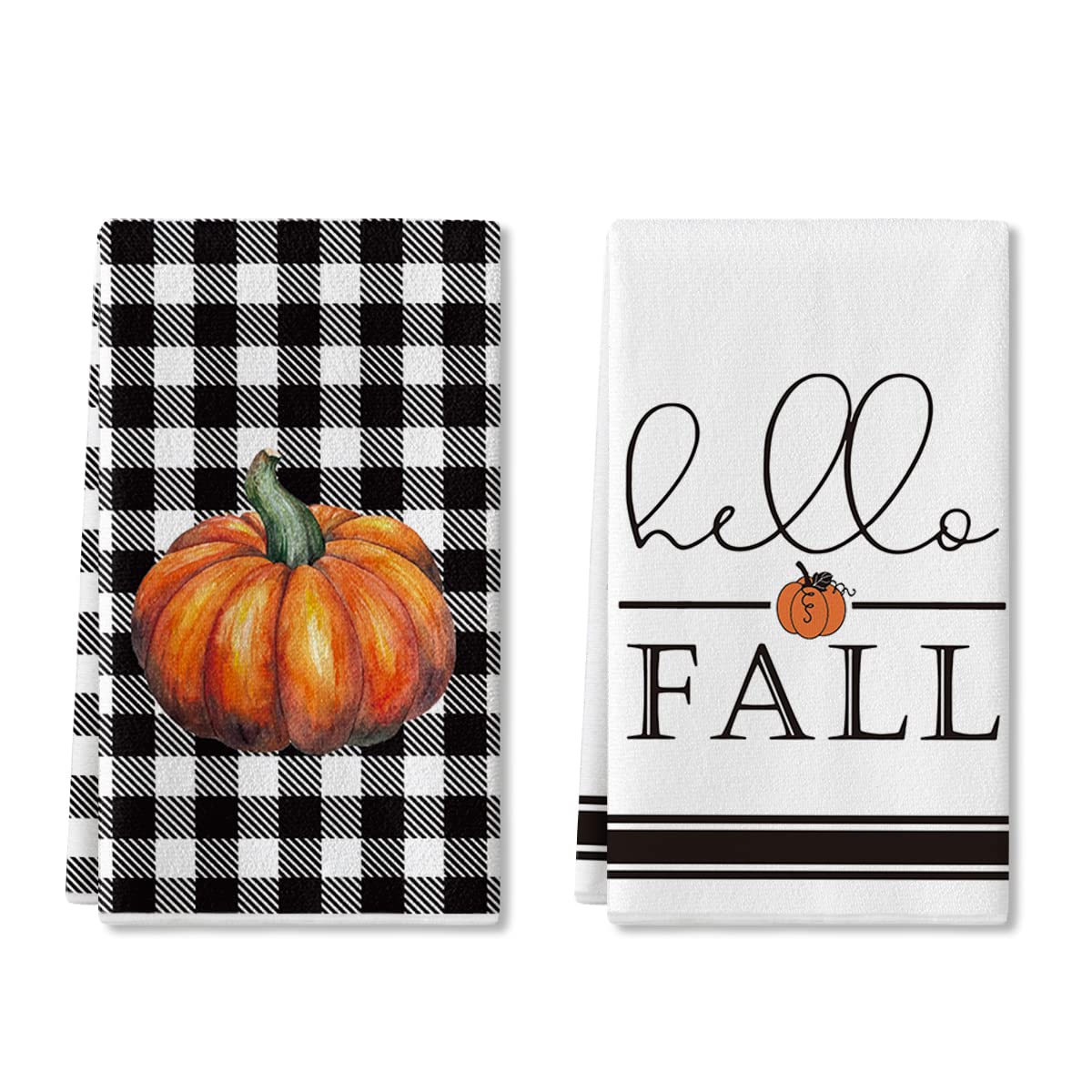 Artoid Mode Buffalo Plaid Pumpkin Hello Fall Kitchen Towels Dish Towels, 18x26 Inch Seasonal Decoration Hand Towels Set of 2