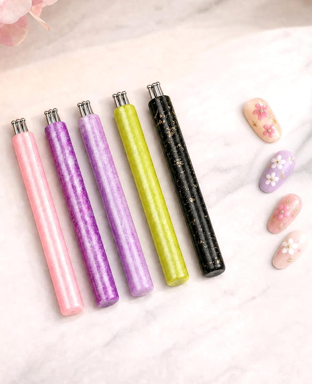 10 PCS 5 Petal Flower Nail Dotting Pen, 1.8mm Fine Tip Rhinestone Nail Art Dotting Tool for Spring Daisy Nail Design