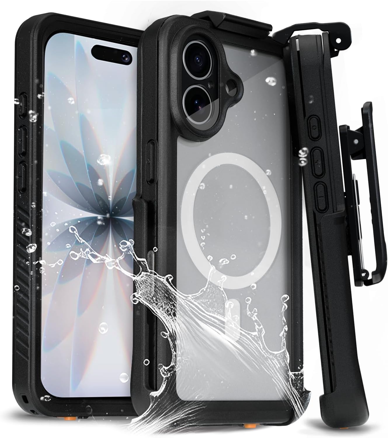 MOTIVE for iPhone 17 Case with Belt Clip, Waterproof Full Body 360° Protection,Built-in Screen Protector, MagSafe Wireless Charging, Rugged iPhone 17 Holster case Belt Clip, 6.3” | Black